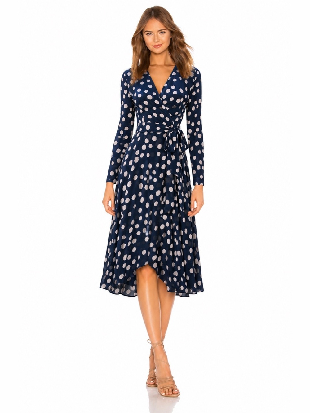 ASHBERRY Polka Dot Wrap Dress Navy Pink Feminine Parisian 📐4 MADE IN KOREA